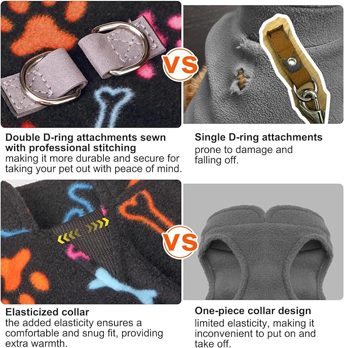 BEAUTYZOO Small Dog Sweater Fleece Vest Winter Jacket, D-Ring Leash Attachment for XS S Puppy Medium Sized Breeds Dogs, Cold Weather Dog Clothes Windproof Keep Warm, Black Bones Paw XS