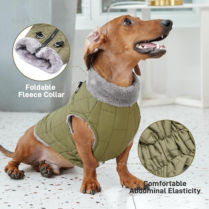 Warm Fleece Dog Coats with Durable Harness Buitl in D-Ring,Waterproof Doggie Jacket for Large Dogs,Dog Vest for Cold Winter,Green XXXL