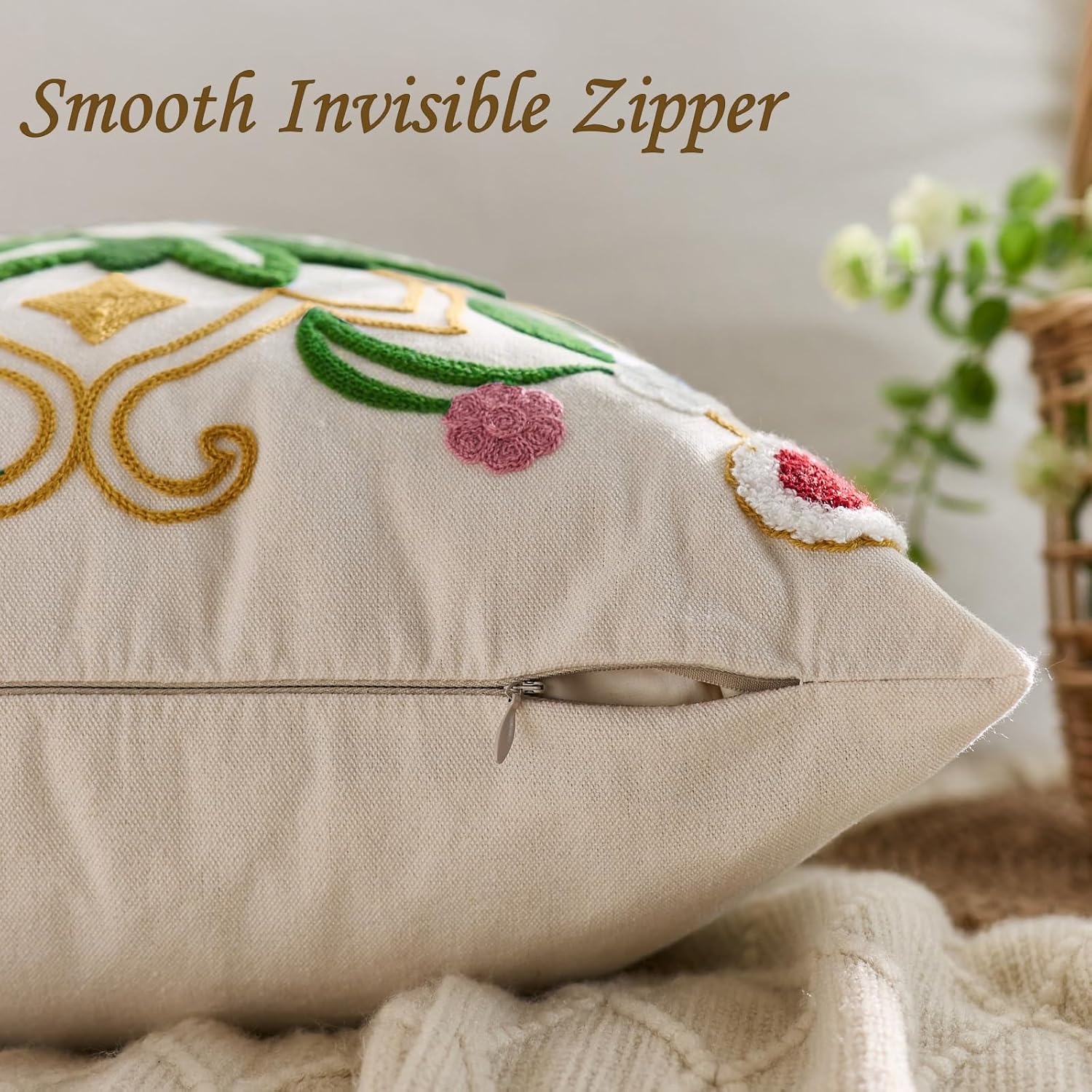 Embroidered Throw Pillow Cover 22x22 Classic Boho Floral Pattern Pillows Cover Outdoor Decorative Pillowcase,Durable Cozy Textured Cushion Case for Sofa Couch Bed Living Room,Green Yellow