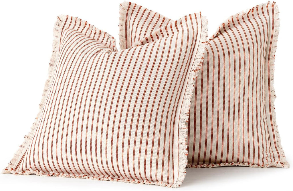 MIULEE Pack of 2 Rust Pillow Covers 26x26 Inch Striped Farmhouse Couch Throw Pillow Covers with Fringe Chic Linen Decorative Cushion Eruo Sham for Sofa Living Room Bed Outdoor Home Decor