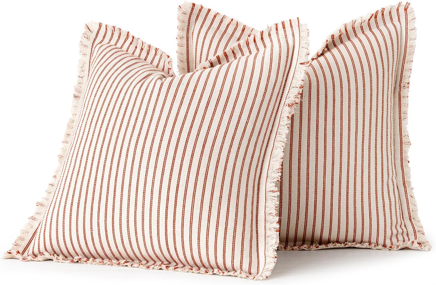MIULEE Pack of 2 Rust Pillow Covers 26x26 Inch Striped Farmhouse Couch Throw Pillow Covers with Fringe Chic Linen Decorative Cushion Eruo Sham for Sofa Living Room Bed Outdoor Home Decor
