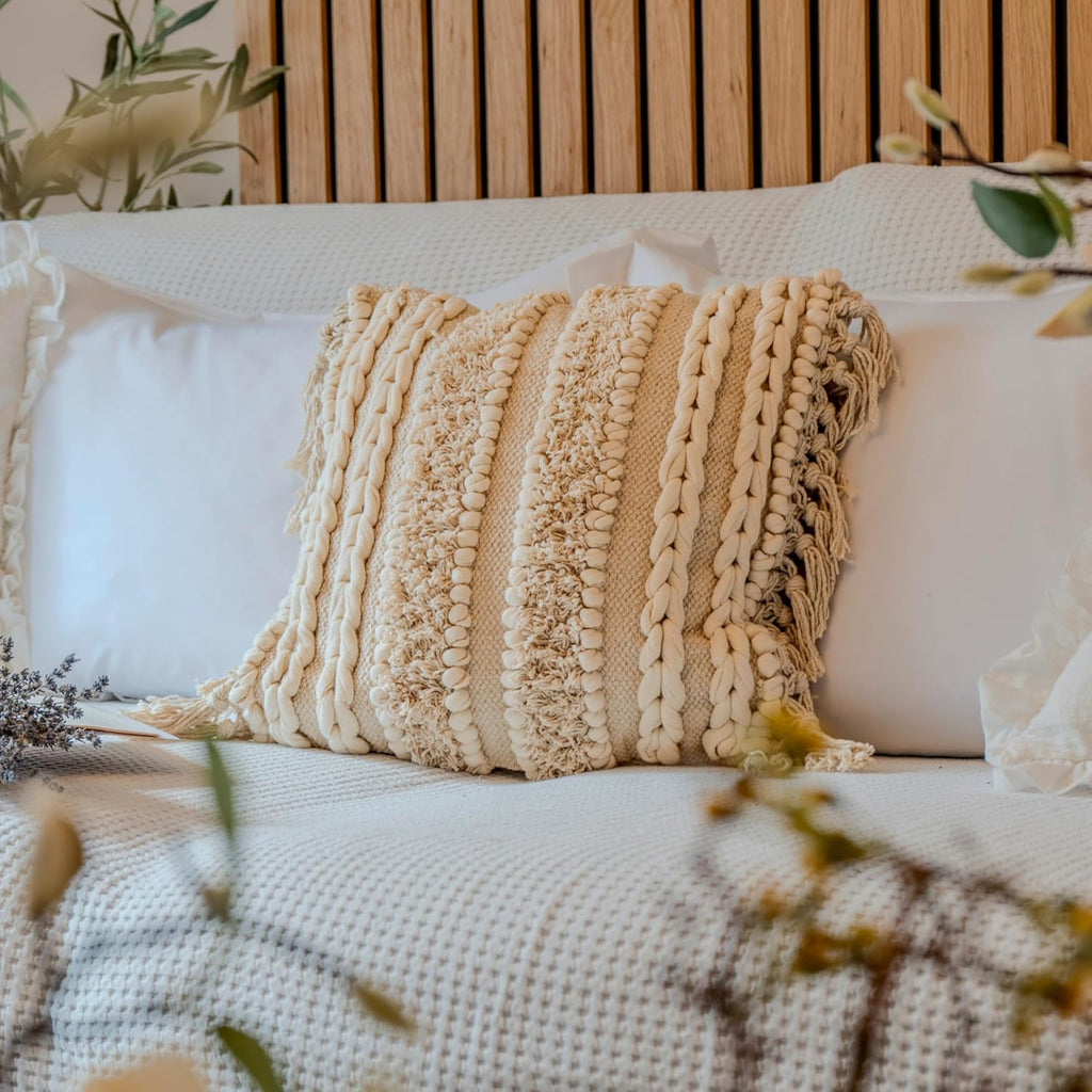 Decorative Boho-Chic Square Pillow Cover 18x18 Handwoven Tufted Braided Cotton Accent Pillows, Neutral Throw Cushion for Couch, Sofa or Bed, Farmhouse & Bohemian Home Decor, Trendy USA Design