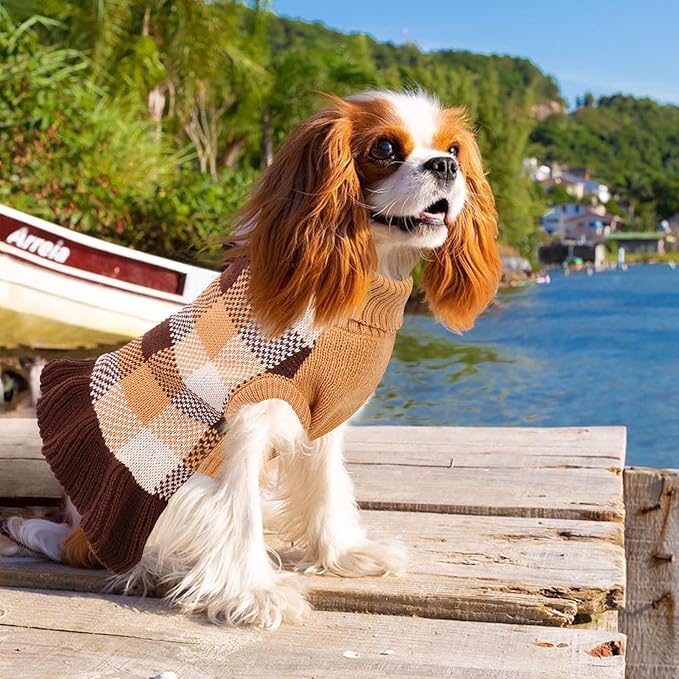 Dog Sweater Dress Plaid Knitwear for Small Medium Dogs Warm Puppy Pet Turtleneck Stretch Pullover Cute Fall Winter Vest Clothes with Leash Hole for Christmas (Coffee, S)