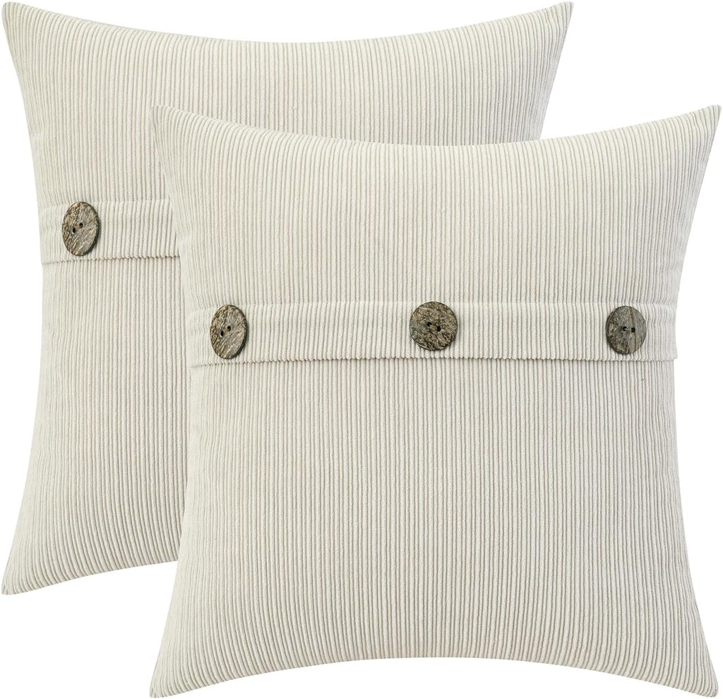 HWY 50 Cream White Chenille Throw Pillow Covers 20x20 Inch with Triple Buttons, Soft Farmhouse Accent Decorative Cushion Cases for Couch Sofa Bed Living Room Pack of 2