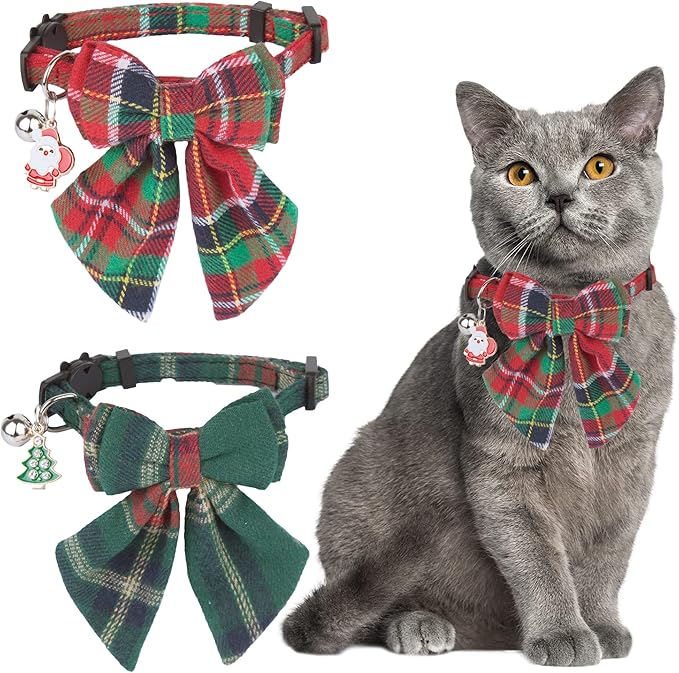 ADOGGYGO Christmas Cat Collars Breakaway with Removable Bow Tie, 2 Pack Red Green Plaid Christmas Collar for Cats Kittens