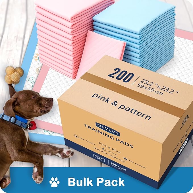 MoMoCo Value Pack Puppy Training Pads 23"x23", 200 Count (Pattern100 + Pink100) – Leak-Proof & Super Absorbent Potty Pads for Small Dogs, Cats & Rabbits