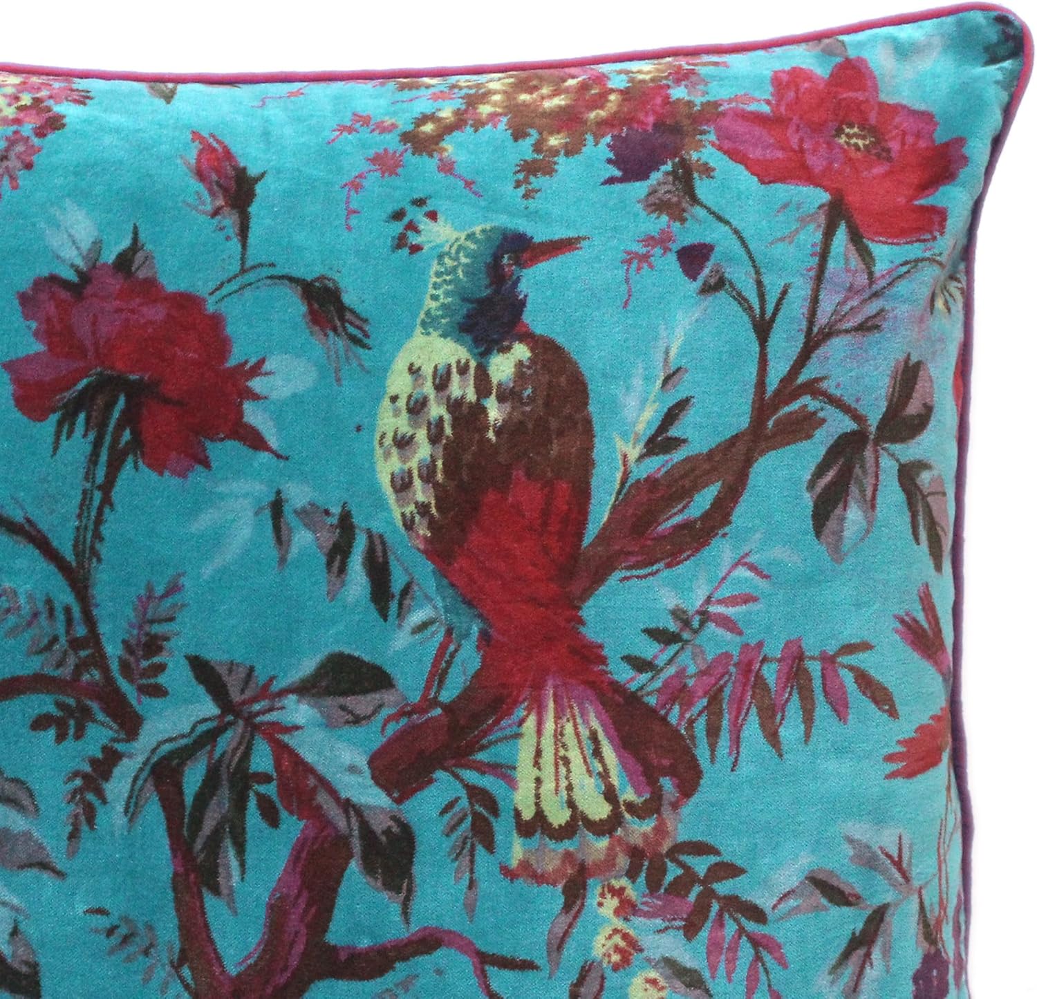 Eyes of India Velvet Floral Flower Bird Throw Pillow Sofa Cushion Cover Case Couch Colorful Boho Chic Bohemian Accent Indian Handmade (Teal, 20" x 20")