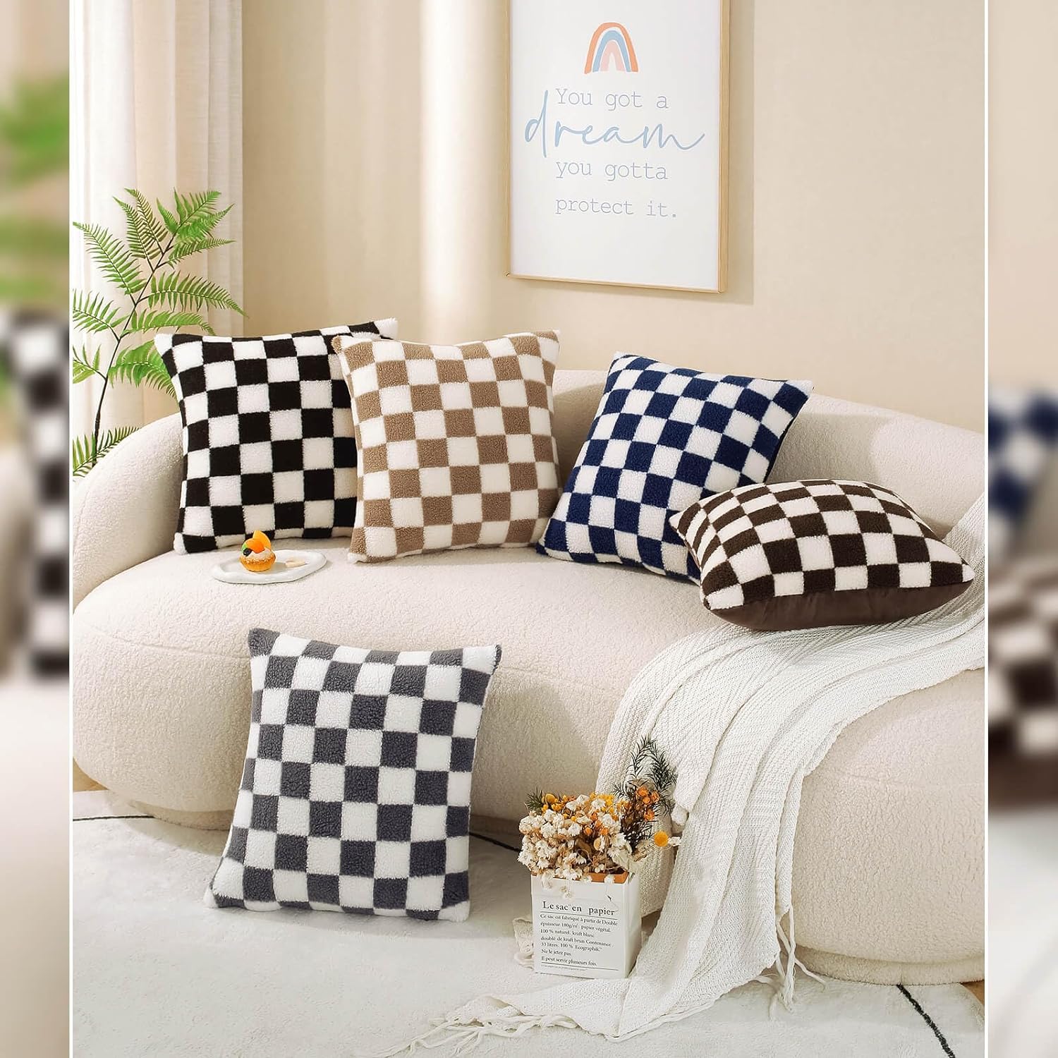 AmHoo Pack of 2 Decorative Throw Pillow Covers Checkerboard Luxury Super Soft Faux Fur Wool Set Case Cushion for Couch Sofa Bedroom 24 x 24-Inch Camel