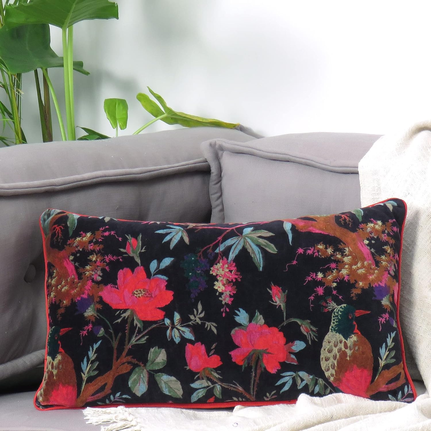 Eyes of India Boho Velvet Bird Print Lumbar Throw Pillow Cover, Bohemian Colorful Decorative Floral Rectangle Cushion Case for Sofa Couch Bed Living Room, 12x20 inch (30x50 cm), Black