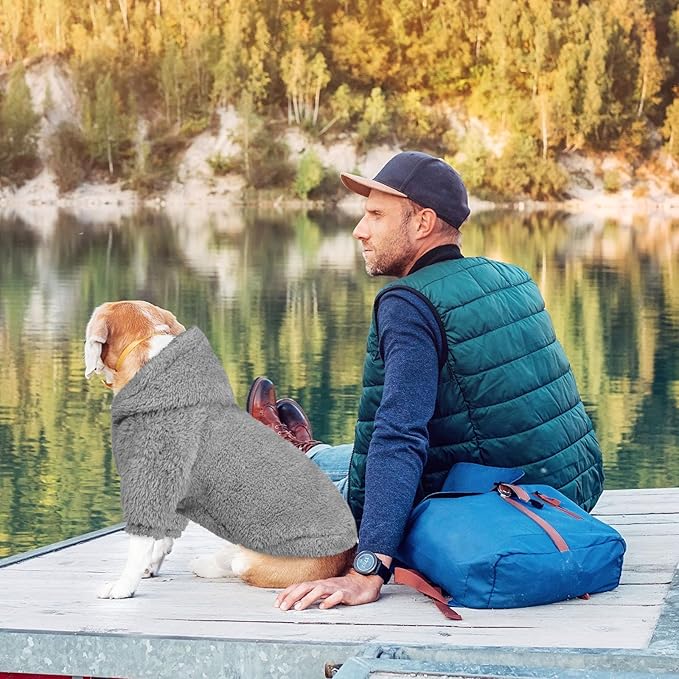 Fuzzy Dog Hoodie Dog Sweaters for Large Dogs Soft Double-Sided Plush Fleece Sweater Clothes Coats Hoodie Sherpa Hooded Sweatshirt(Grey-L)