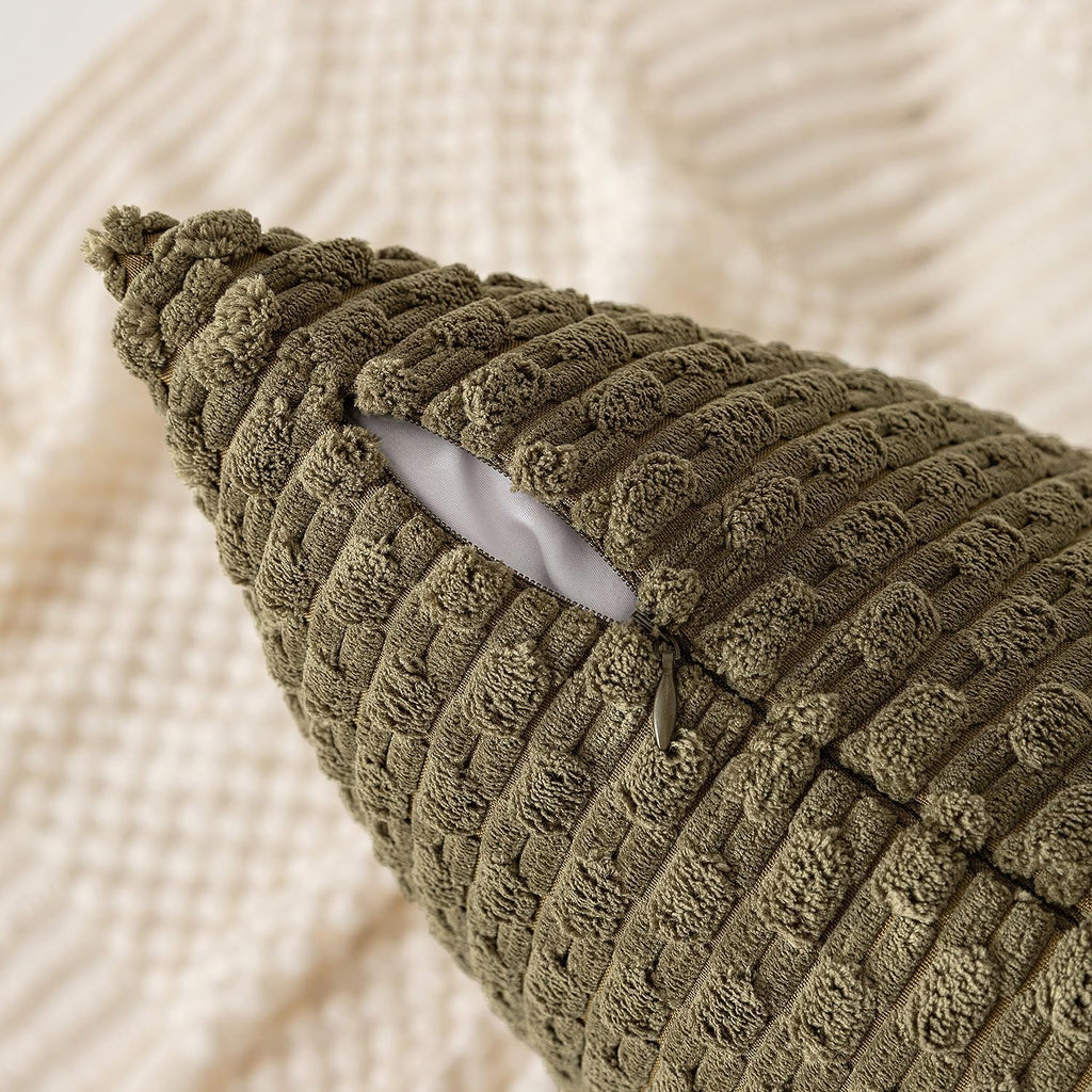 Kevin Textile 12x24 Inch Pillow Cover 1 Pack Boho Decorative Soft Striped Corduroy Lumbar Farmhouse Color Accent Rectangle Cushion Case for Living Room Couch Sofa Bed, Olive Green