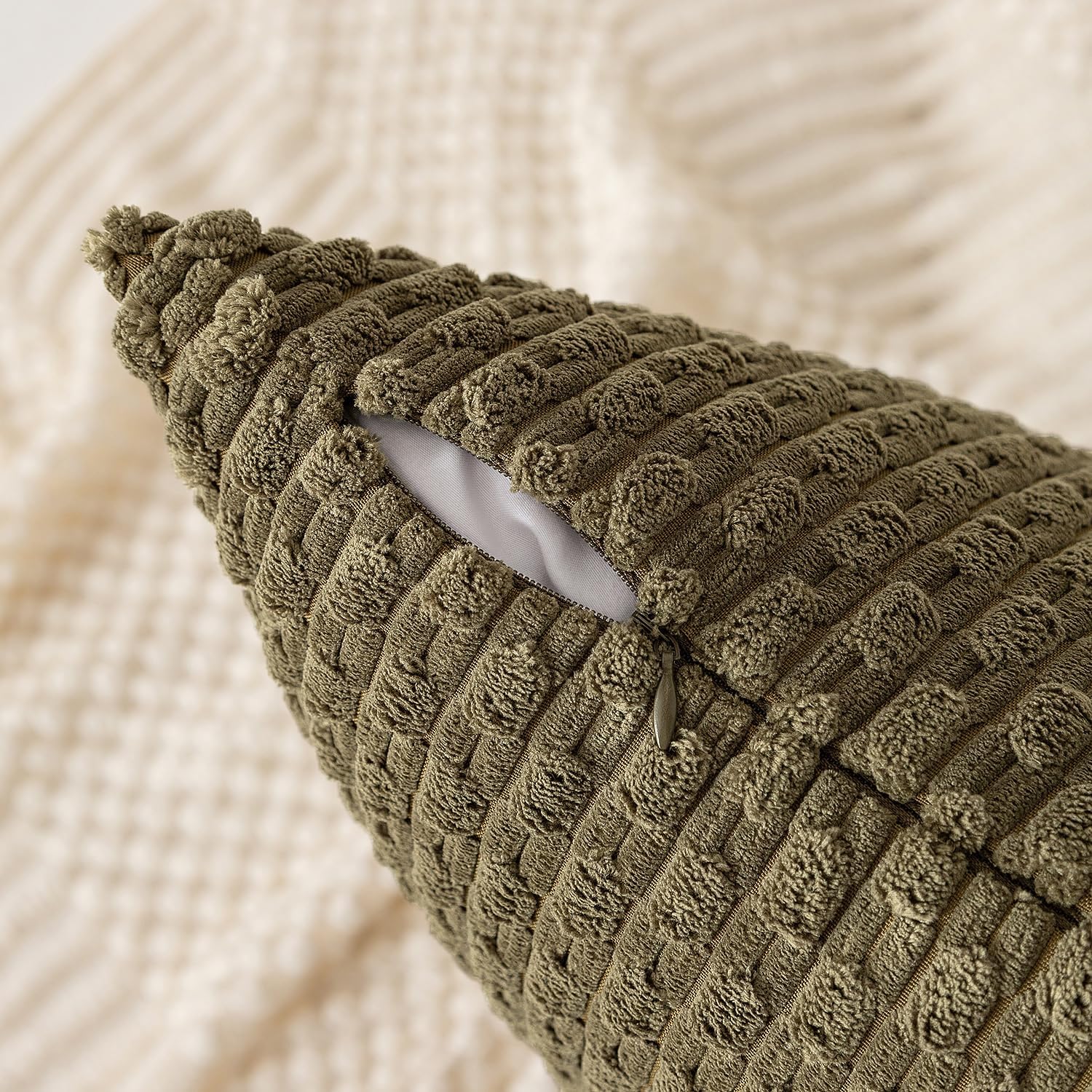 Kevin Textile 12x24 Inch Pillow Cover 1 Pack Boho Decorative Soft Striped Corduroy Lumbar Farmhouse Color Accent Rectangle Cushion Case for Living Room Couch Sofa Bed, Olive Green