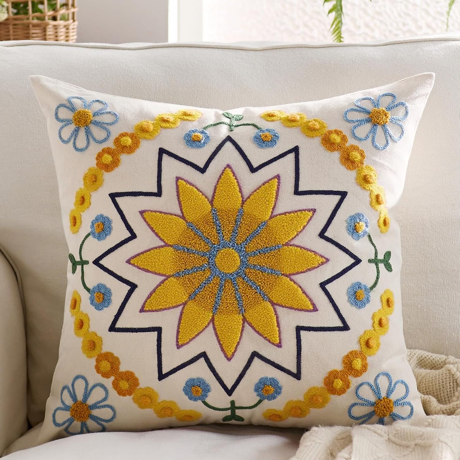 Embroidered Throw Pillow Cover 22x22 Classic Boho Floral Pattern Pillows Cover Outdoor Decorative Pillowcase,Durable Cozy Textured Cushion Case for Sofa Couch Bed Living Room,Yellow