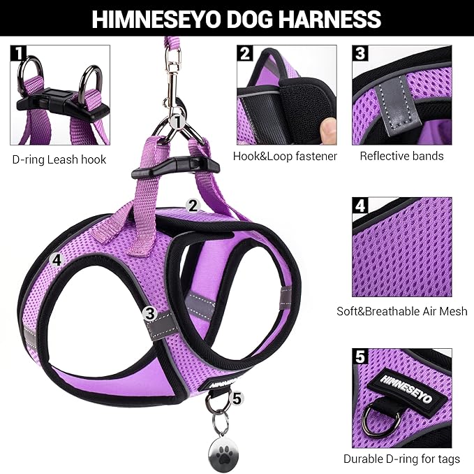 Dog Harness and Leash Set, Dog Harness for Dogs No Pull, No-Chock Step-in Reflective Breathable Lightweight Easy Walk Vest Harnesses with Safety Buckle for Small Medium Dogs, Cats (Light Purple, XXS)