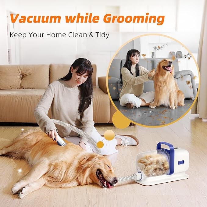 Dog Grooming Kit with Vacuum, All-in-One Pet Grooming Vacuum for Dogs and Cats, Low Noise Pet Hair Clipper & Shedding Brush, Dog Hair Remover, Cat Pet Groomer Set with Cleaning Brushes, White