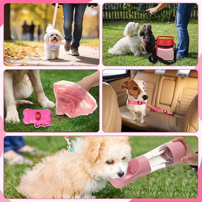 Abbylike 50 Pcs Puppy Supplies Starter Kit for Small Dogs Puppy Essentials Includes Leash, Bowls, Teeth Brushes, Water Bottle, and More Accessories for Dogs Christmas Welcome Gift(Pink)