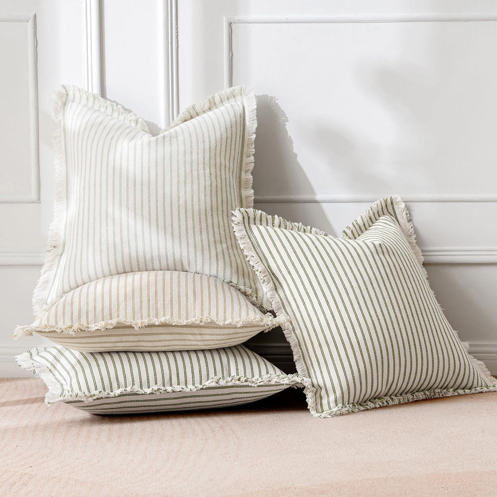 MIULEE Pack of 2 Olive Green Christmas Pillow Covers 24x24 Inch Striped Farmhouse Couch Throw Pillow Covers with Fringe Chic Linen Decorative Cushion Eruo Sham for Sofa Room Bed Outdoor Home Decor