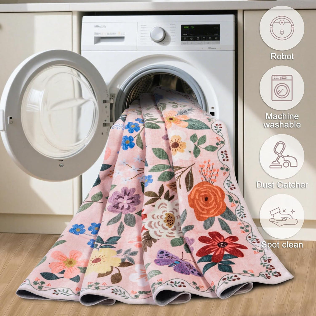 8x10 Area Rugs for Living Room: Floral Washable Rug Vintage Large Soft Boho Non-Slip Carpet Indoor Floor Stain Resistant Carpets for Bedroom Dining Room Farmhouse Nursery Home Office Beige