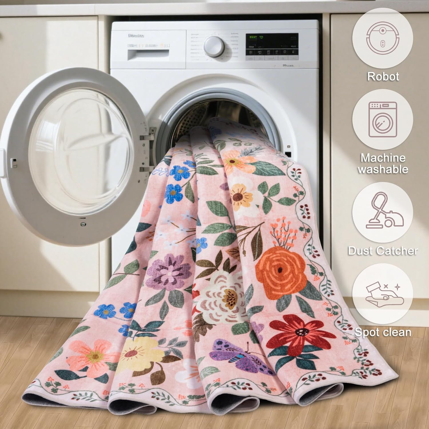 6x9 Area Rugs for Living Room: Floral Washable Rug Vintage Large Soft Boho Non-Slip Carpet Indoor Floor Stain Resistant Thin Carpets for Bedroom Dining Room Farmhouse Nursery Hallway Home Office Beige