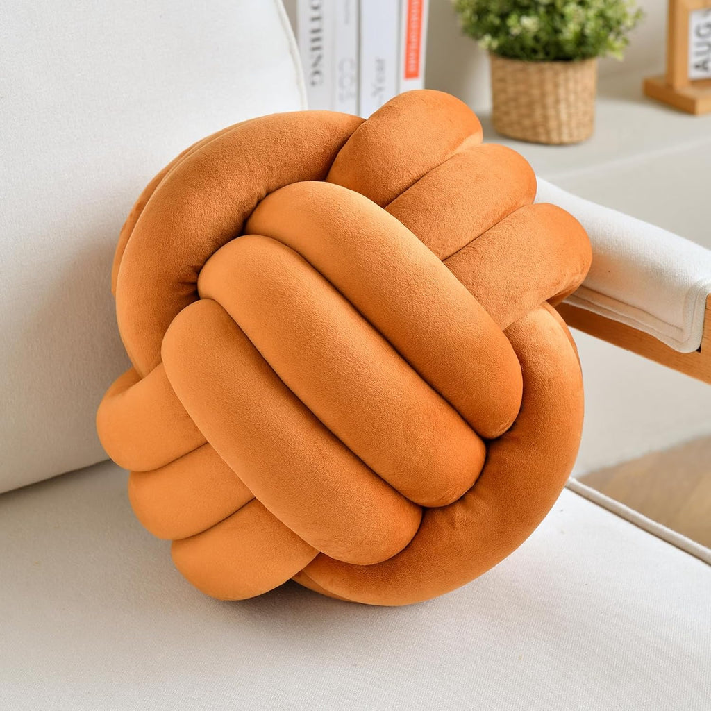 Decorative Throw Knot Pillow Ball for Home Chair Sofa Aesthetic Round Velvet Knotted Pillow Cushion (Caramel, 8inch)