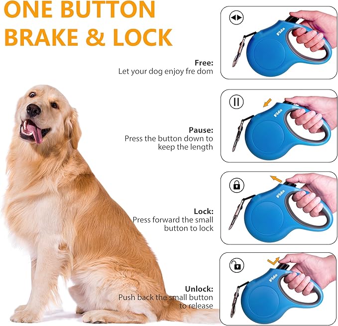 Fida Retractable Dog Leash with Dispenser and Poop Bags, 10 ft Pet Walking Leash for X-Small Dog or Cat up to 18 lbs, Anti-Slip Handle, Tangle Free, Reflective Nylon Tape (XS, Blue)