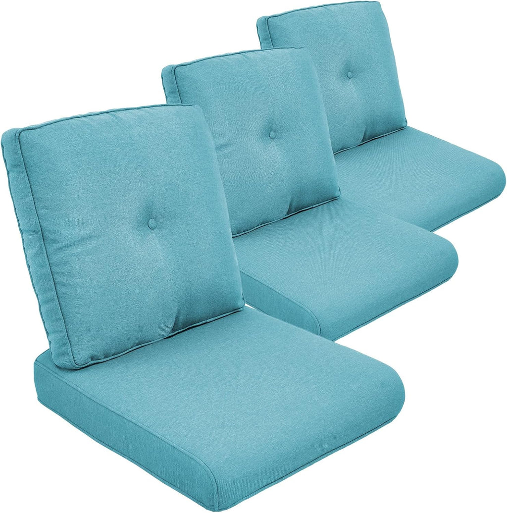 Outdoor Chair Cushion Set of 3, Waterproof Outdoor Seat Cushions 25x22 , Patio Chair Cushions for Outdoor Furniture, Couch Cushion Replacement, Include 3 Back & 3 Seat Cushions, Button/CyanBlue