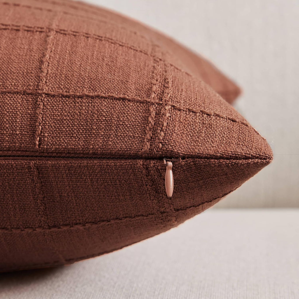 ZeeMart Linen Checked Throw Pillow Covers Set of 2, 22x22 Inch Allover Grid Terracota, Farmhouse Decorative Double Sided Grid Embroidered Couch Pillow Cases Rust Cotton Linen Cushion Covers