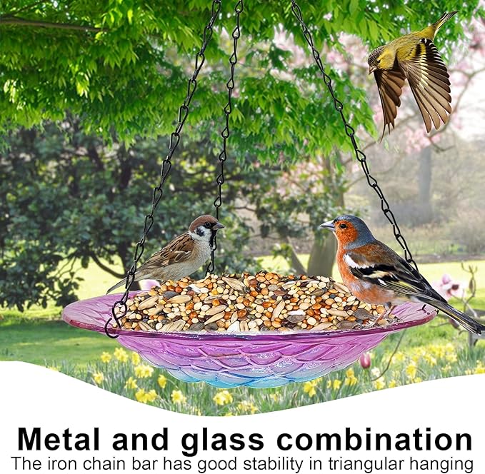 Hanging Birdbath, Outdoor Glass Birdbath, Purple and Blue Texture Pattern Bird Feeder for Garden Patio Decoration