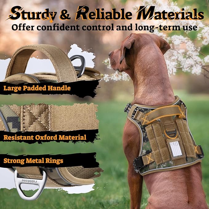 rabbitgoo Dog Harness for Large Dogs No Pull, Tactical Service Pet Vest with Molle and Control Handle, Adjustable and Reflective Military Harness for Easy Walking and Training, Brown camo, XL