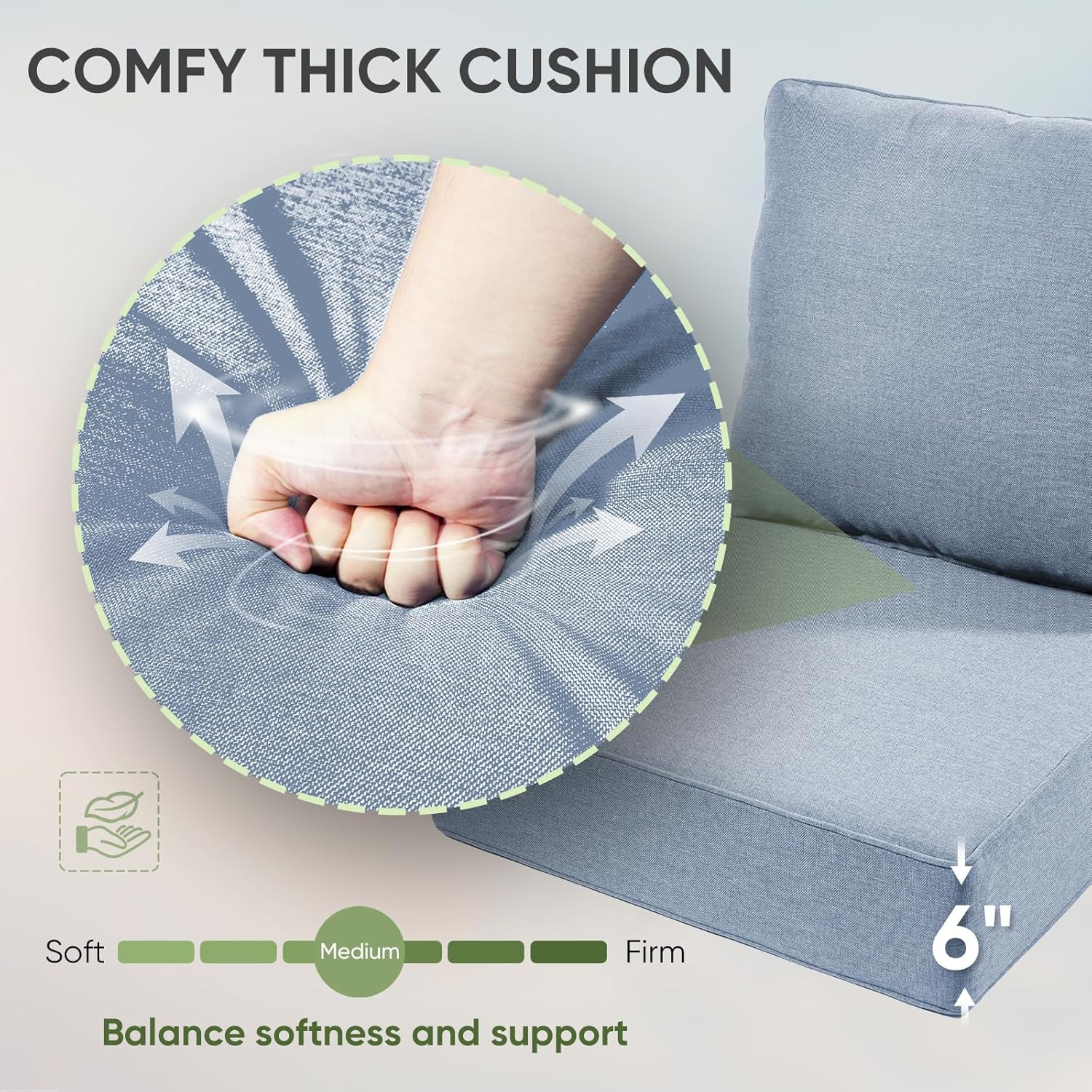 Outdoor Chair Cushion Set, 24x24 Waterproof Patio Chair Cushions, 6" Thickened Seat Cushion for Outdoor Chairs and Couch, Include 1 Back Pillow and 1 Seat Cushion, Thick/Babyblue