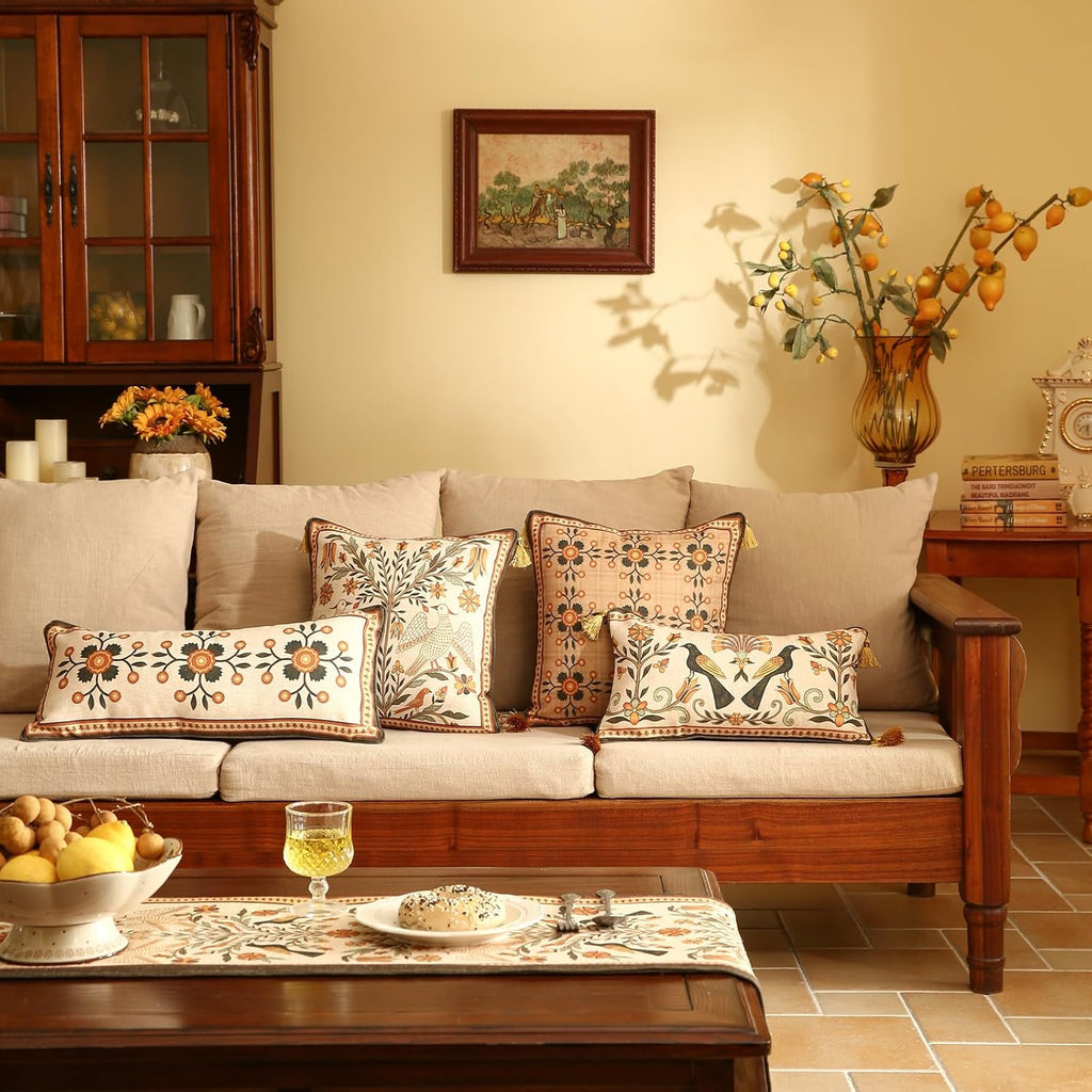 Brown Throw Pillow Covers,Floral Farmhouse Birds Flower Pattern Linen Accent Pillows Cover for Couch,Decorative Lumbar Pillows for Couch Sofa Bed Chair Cushion Covers 12"x20"