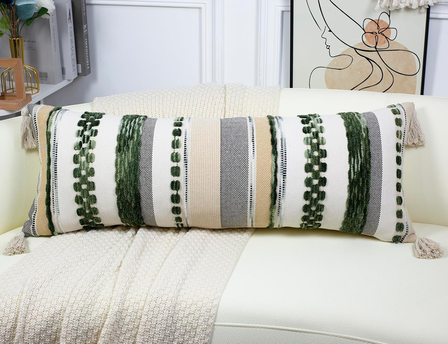 PANOD Boho Long Lumbar Throw Pillow Cover 14 x 36 Dark Green, Chenille Morocan Extra Long Pillow Case Cover, Decorative Long Pillow for Bed Couch Sofa Farmhouse