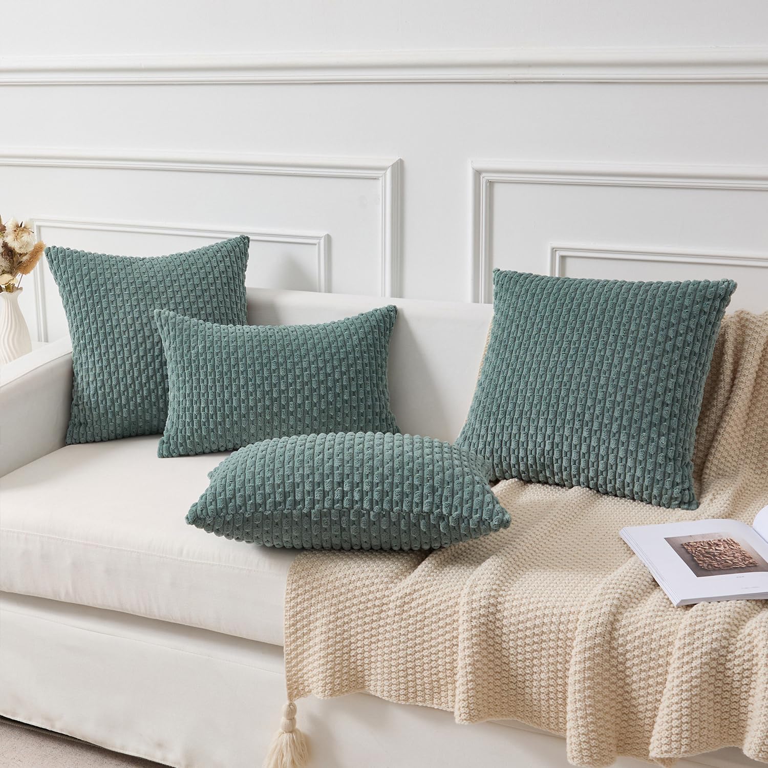 Kevin Textile 12x24 Inch Pillow Cover 1 Pack Boho Decorative Soft Striped Corduroy Lumbar Farmhouse Color Accent Rectangle Cushion Case for Living Room Couch Sofa Bed, Teal Green