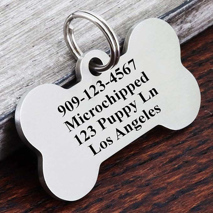 Ultra Joys Stainless Steel Pet ID Tag Dog Name Tags Personalized Front and Back Engraving, Customized Cat Tags, Optional Engraved on Both Sides, Bone Floral Design, Silver Large, Silver-bone-floral