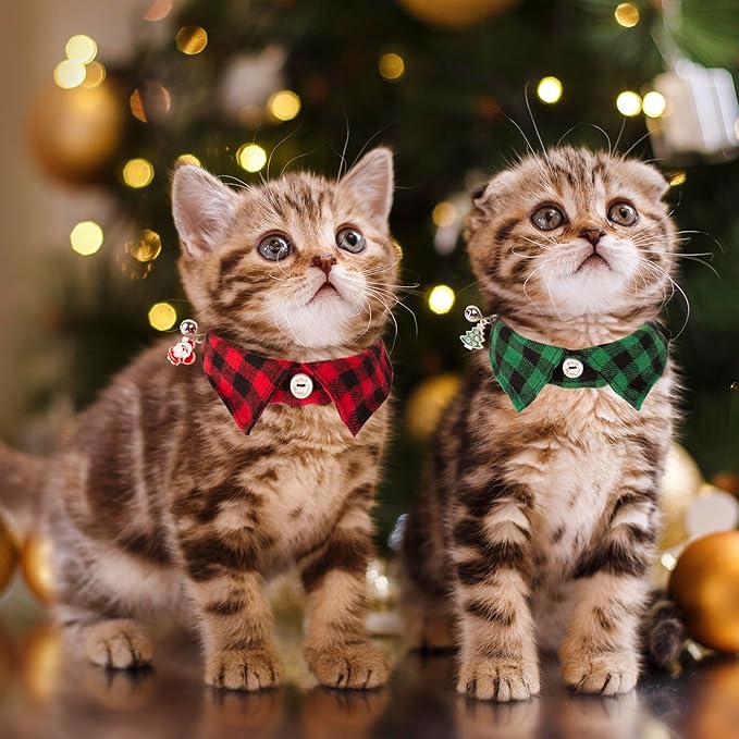 ADOGGYGO Christmas Cat Collars Breakaway with Bow Tie Bell, 2 Pack Red Green Plaid Xmas Kitten Collar with Removable Shirt Collar, Plaid Christmas Collars for Cats Kittens
