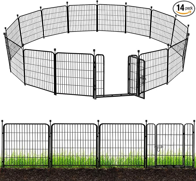 ADAVIN Garden Fence with Gate 32in(H) x 31 ft(L),14 Panels Black Heavy Duty Iron Metal Animal Barrier Fence, Indoor&Outdoor Dog Playpen, Camping Fence, No Dig Garden Border Fencing for Yard