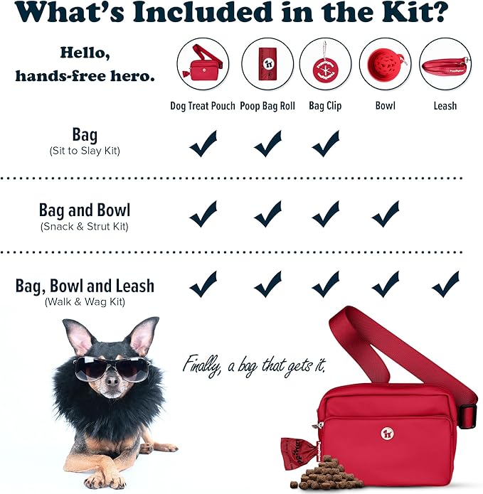 Puppington 3-in-1 Crossbody Dog Walking Bag & Treat Pouch with Matching Planet Safe Poop Bags & Built-In Dispenser - Dog Mom Gift for Puppy Training with Zippered Pockets (Ruby Red)