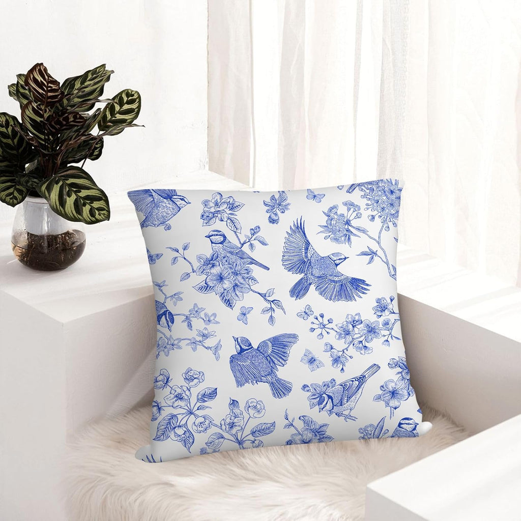 Blue Floral Bird Pillow Covers 18x18 Inch, Chinoiserie Throw Pillow Cases Set of 4 Spring Summer Flower Decorative Pillowcases for Couch Bed Sofa Cushion Living Room, Chinoiserie Decor
