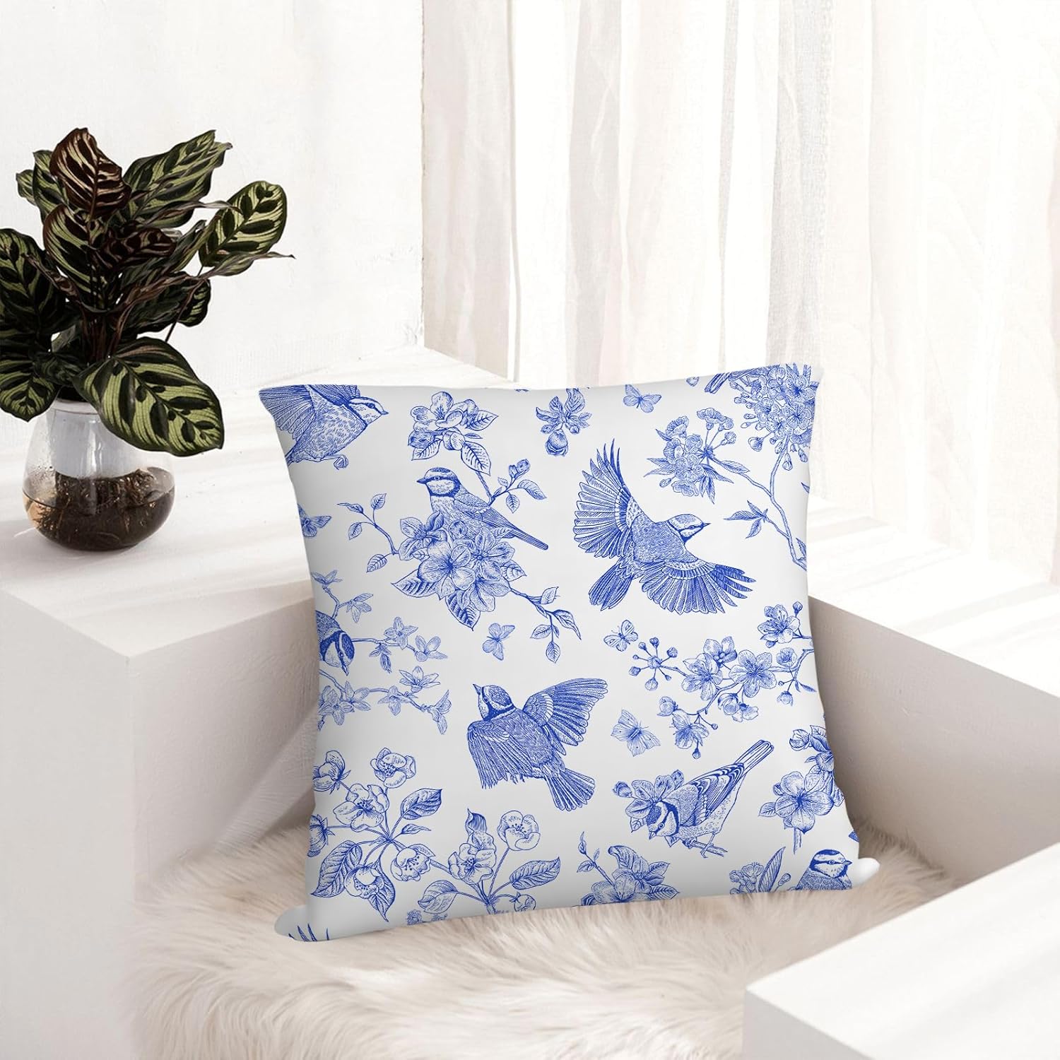 Blue Floral Bird Pillow Covers 18x18 Inch, Chinoiserie Throw Pillow Cases Set of 4 Spring Summer Flower Decorative Pillowcases for Couch Bed Sofa Cushion Living Room, Chinoiserie Decor