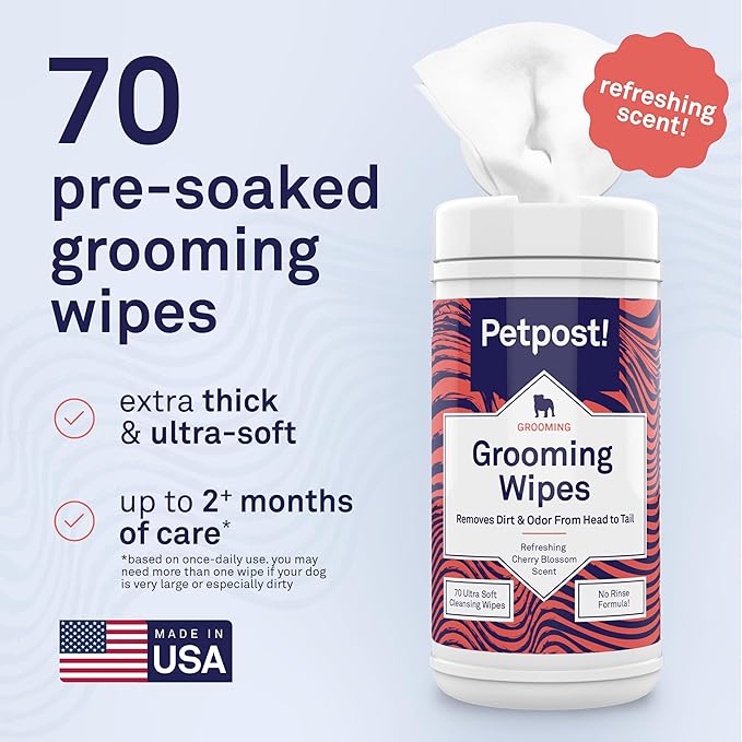 Petpost Large Grooming Wipes for Dogs | 70 Count Deodorizing Dog Cleaning Wipes with Coconut Extract & Aloe | Gentle Pet Wipes with Cherry Blossom Scent for Full-Body Grooming