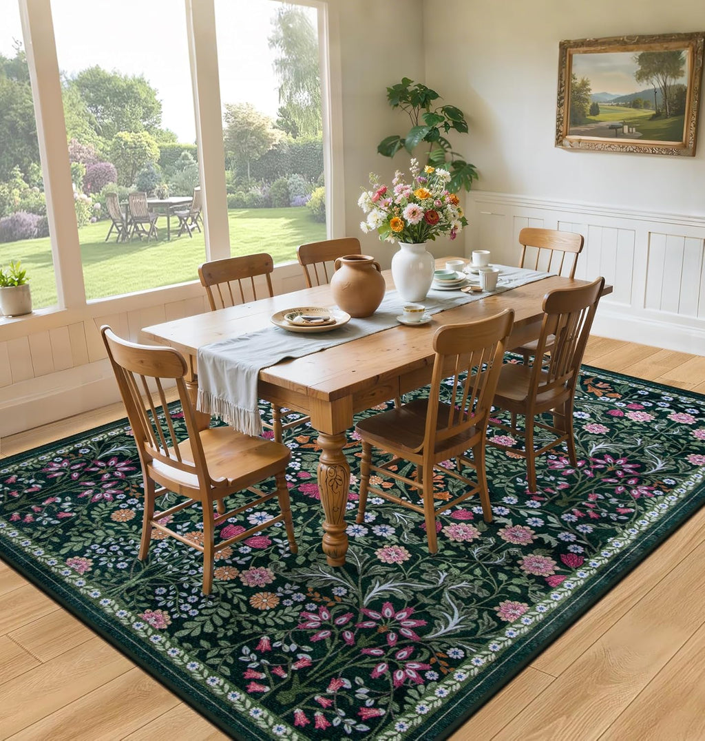 8x10 Area Rugs for Living Room: Floral Washable Rug Vintage Large Soft Boho Non-Slip Carpet Indoor Floor Stain Resistant Carpets for Bedroom Dining Room Farmhouse Nursery Home Office Dark Green