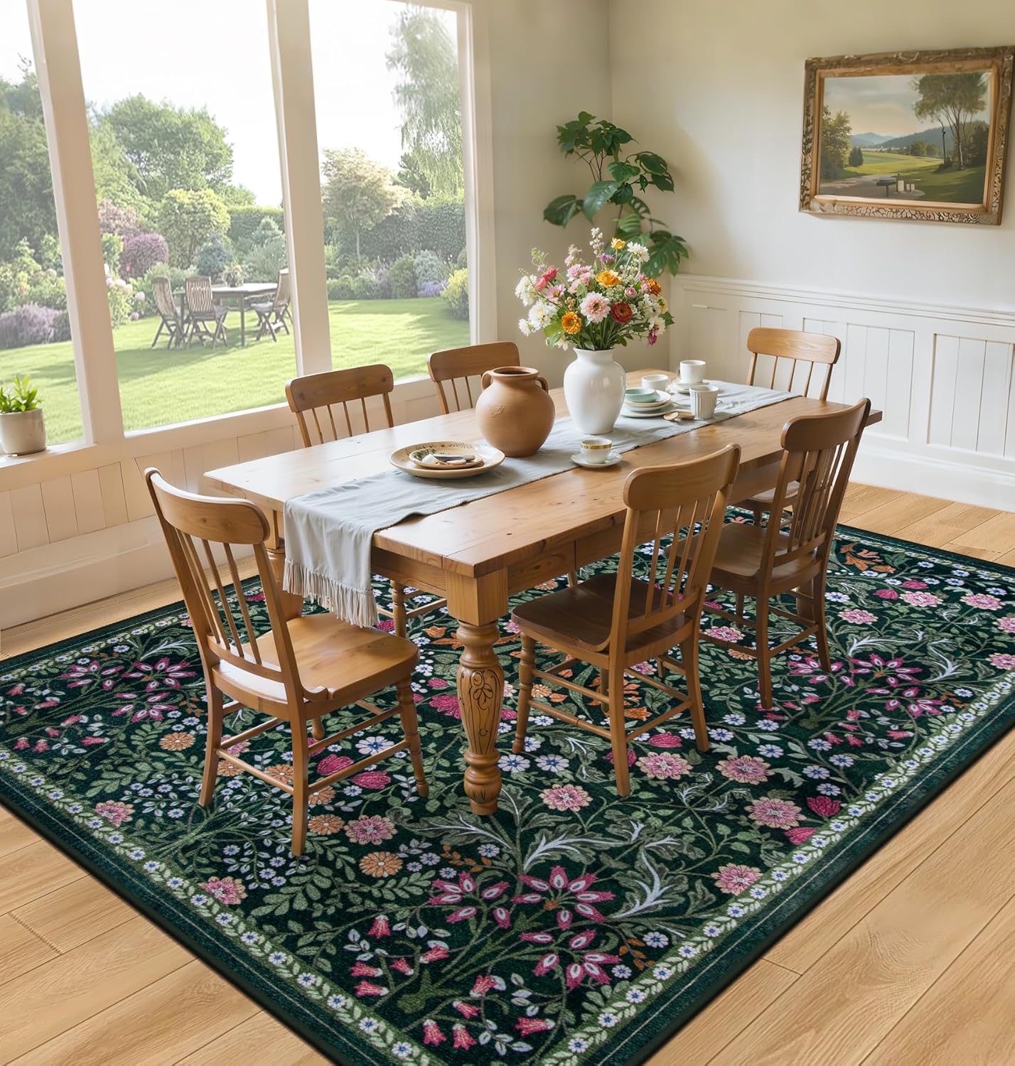 10x12 Area Rugs for Living Room: Floral Washable Rug Vintage Large Soft Boho Non-Slip Carpet Stain Resistant Low Pile Carpets for Bedroom Dining Room Farmhouse Nursery Hallway Home Office Dark Green