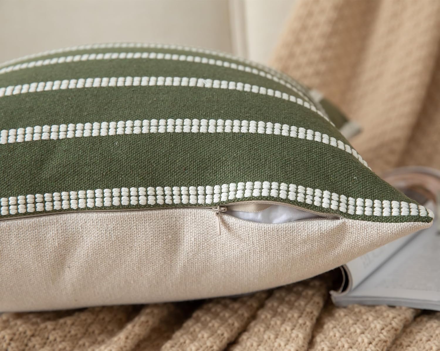 Caflife Boho Throw Pillow Covers 20x20 Set of 2 Soft Farmhouse Decorative Couch Pillow Cases Green Striped Pillow Covers Neutral Cushion Covers for Sofa Bed Living Room Home Decor