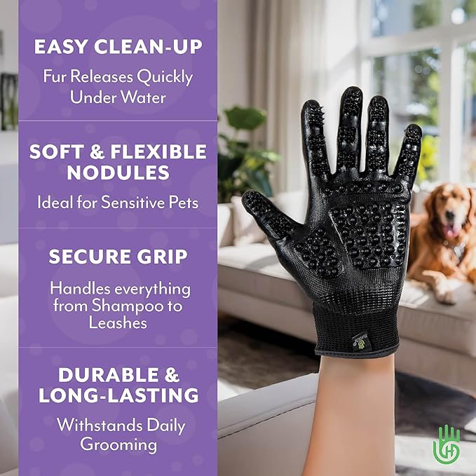 H HandsOn Pet Grooming Gloves - Patented #1 Ranked, Award Winning Shedding, Bathing, & Hair Remover Gloves - Gentle Brush for Cats, Dogs, and Horses (Black, Junior)
