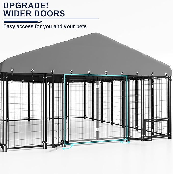10X20FT Dog Kennel Outside Double Door Dog Kennel Outdoor with Feeding, Heavy Duty Outdoor Dog Crate Durable Dog Cage with Roof & Double Lock