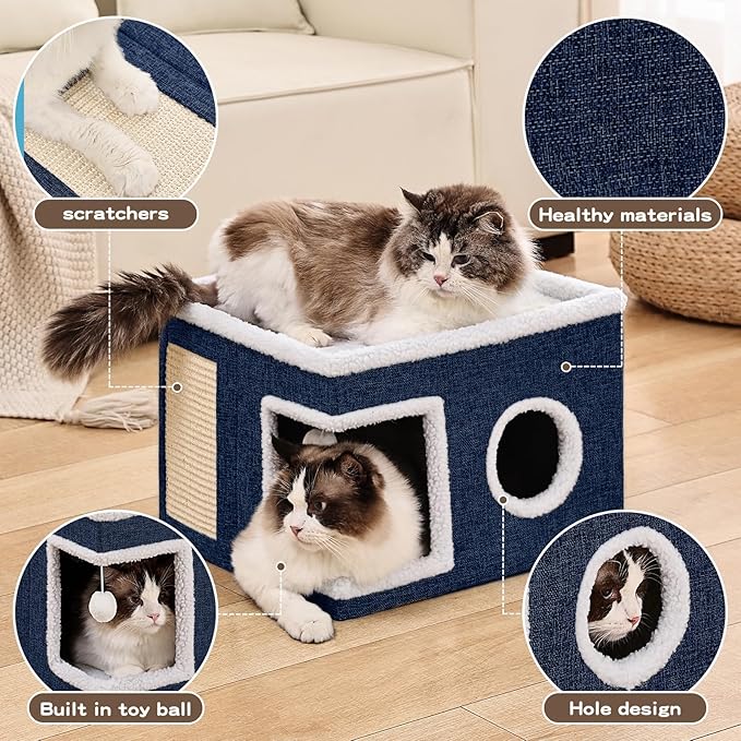 Cat Beds for Indoor Cats, Large Cat Cave with Fluffy Ball and Scratch Pad, Foldable Cat Scratch House with Hideaway Condo for Kitten,16x16x13inch,Blue