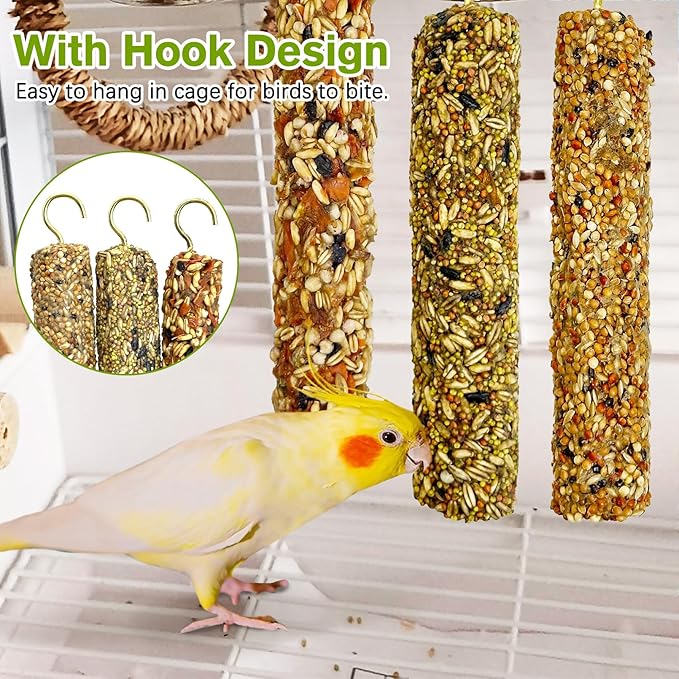 Fhiny Parakeet Treats, 6 PCS Natural Bird Crunch Sticks Grains & Vegetable Budgie Snacks Cockatiel Food Sticks Long-Lasting Chewing Toys for Parakeet Cockatiel Budgie Conure Parrot Lovebird Finch