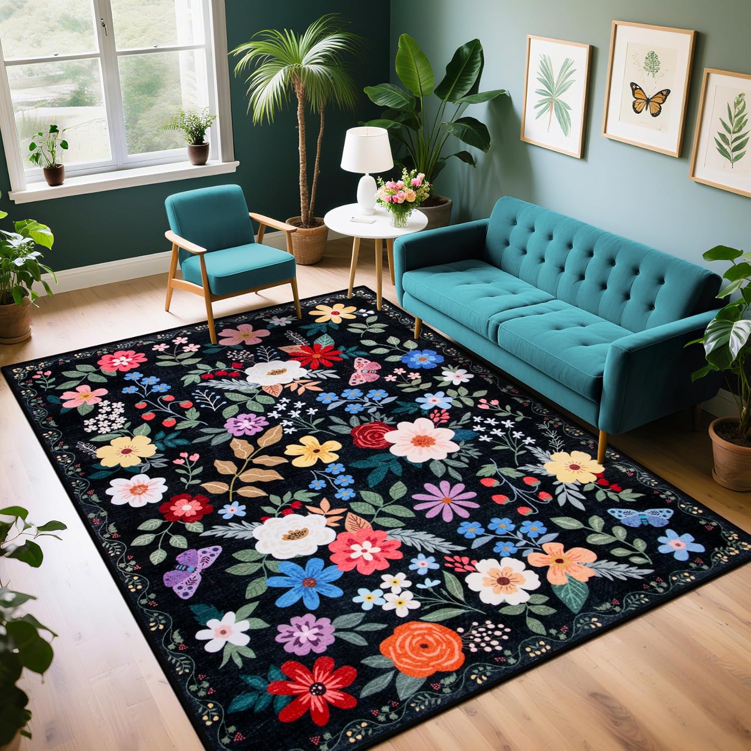 6x9 Area Rugs for Living Room: Floral Washable Rug Vintage Large Soft Boho Non-Slip Carpet Indoor Floor Stain Resistant Thin Carpets for Bedroom Dining Room Farmhouse Nursery Hallway Home Office Black