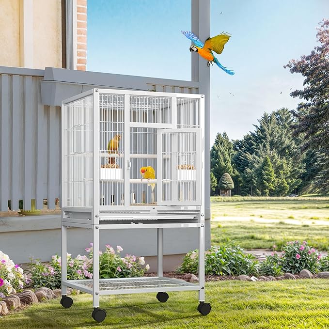 DWVO 41-inch Metal Bird Cage: Large Parrot Cages with Rolling Stand - Features Tray, Food Boxes & Wooden Perches for Parakeets, Lovebirds, Cockatiels, Finches and Pigeons, White