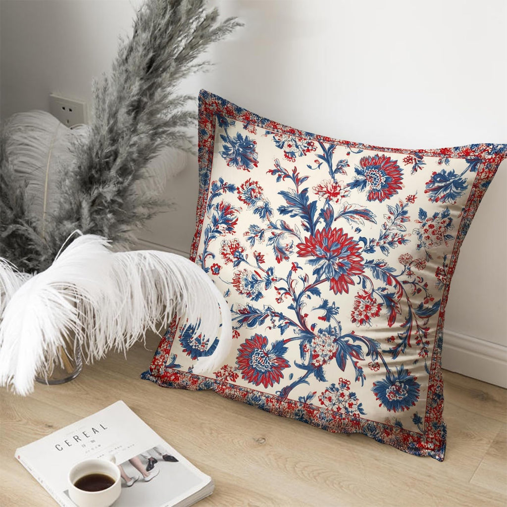 Bohemian Pillow Covers | Vintage Floral & Carpet Design | Double Sided Blue White Decorative Pillowcases for Couch, Bed | Indoor Outdoor Boho Home Decor (Red&White, 18x18inches)